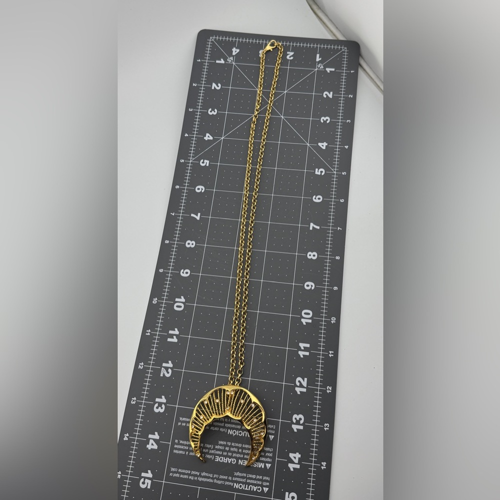 Sparkling Gold Tone Crescent Moon Pendant Necklace | Celestial | Statement - Picture 9 of 11